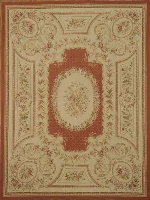 Timeless Design: Red and Beige Floral Motif Aubusson Tapestries Rug 9x12
