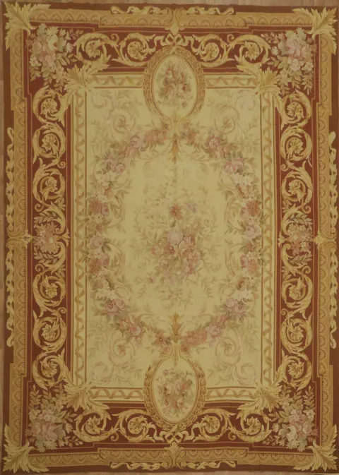 Intricate Beige and Burgundy Classic Floral Aubusson Tapestries Area Rug 9x12