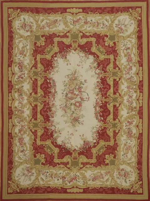 Chinese Traditional Red and Gold Area Aubusson Tapestries Rug with Intricate Floral Patterns 9x12