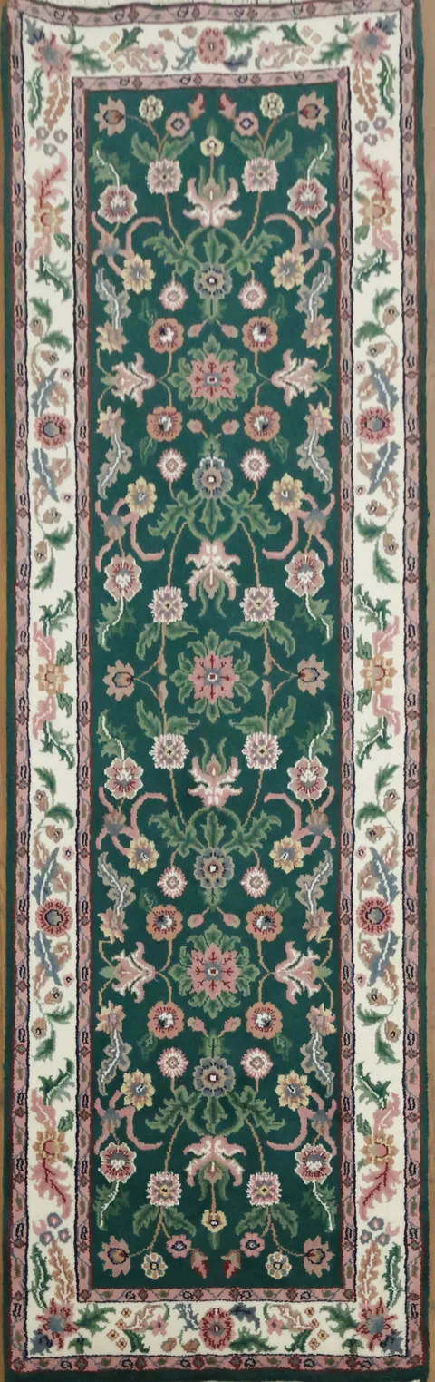 Classic Oriental Botanical Design Runner Rug in Deep Green Tones 3x8