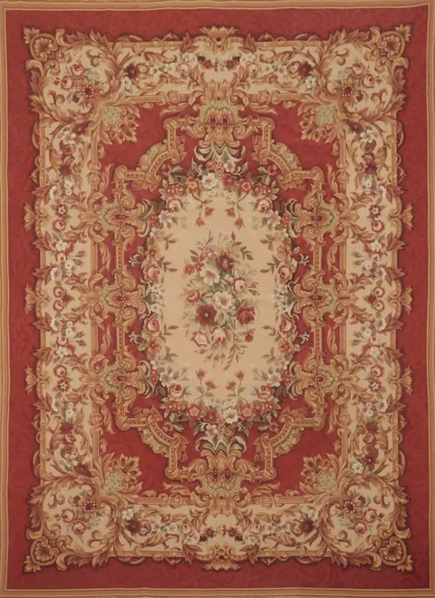 Luxurious Ornate Burgundy and Cream Floral Aubusson Tapestries Area Rug 9x12