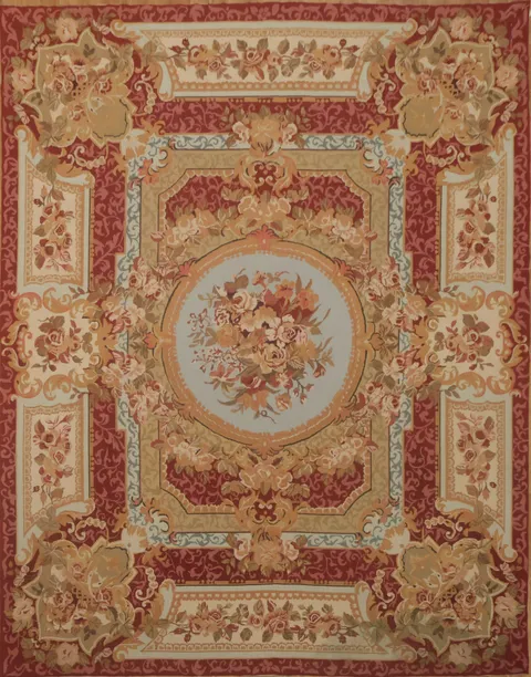 Intricate Vintage-Style Aubusson Tapestries Rug in Warm Red and Beige Tones 8x10