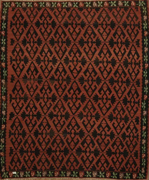Flat-Woven Tribal Geometric Kilim Turkish Rug with Brick Red and Black 7x9