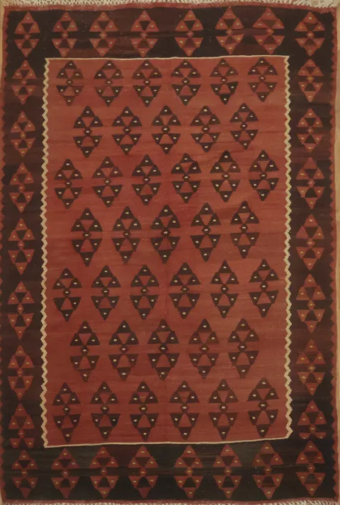 Handwoven Artisan Kilim Wool Rug Featuring Bold Tribal Symbols 6'x9'