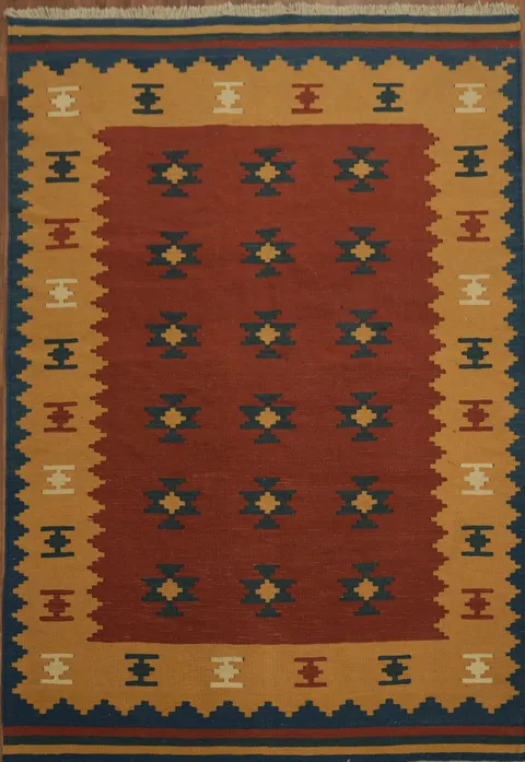 Hand-Woven Geometric Wool Kilim Area Rug 6x8