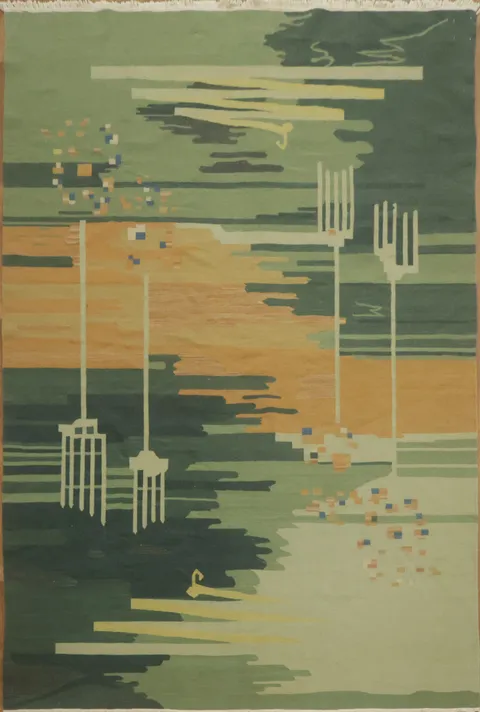Abstract Green Kilim Turkish Rug with Modern Geometric Patterns 6x9