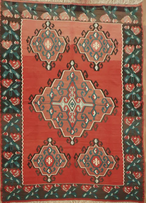 Elegant Red Geometric Kilim Turkish Area Rug 7x9