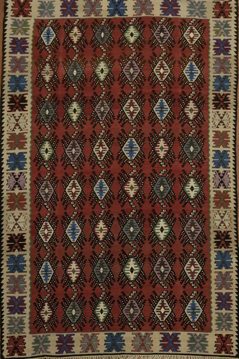 Geometric Elegance: Handwoven Kilim Turkish Area Rug 7x10