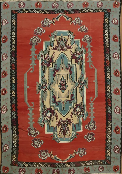 Hand-Woven Wool Geometric Wool Kilim Rug 7x10