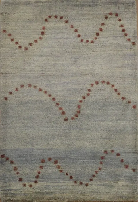 Modern Wave Pattern Rug in Gray Blue with Stylish Red Accents 2x3