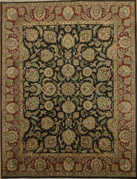 Opulent Patterns: Rich Black and Burgundy Floral Agra Indian Rug 8x10