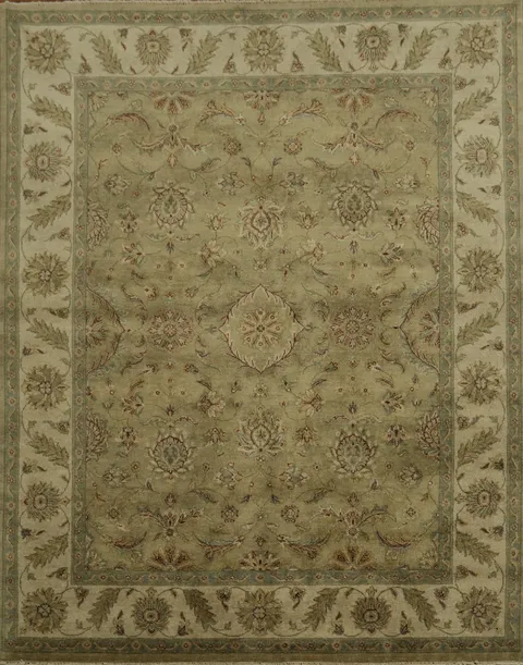 Traditional Green and Beige Oushak Peshawar Pakistani Rug for Living Room 8x10