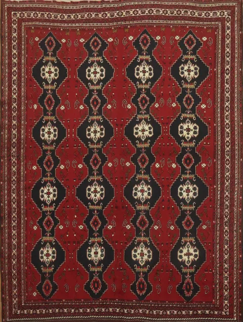 Geometric Tribal Afghan Red Rug with Unique Black and Ivory Accents 9x11