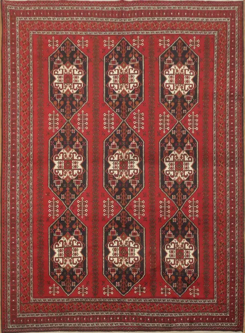 Tribal Red Antiques Style Balouch Afghan Rug with Rich Geometric Details 8x11