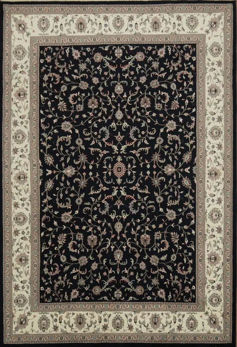 Traditional Black and Ivory Floral Area Rug with Ornate Design Details 10x14