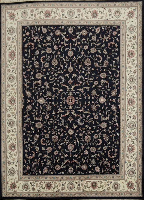 Elegant Navy Blue and Ivory Persian Style Rug with Floral Motifs 10x14