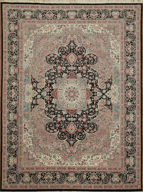 Luxury Black and Pink Aubusson Chinese Rug Featuring Classic Arabesque Motifs 9x12