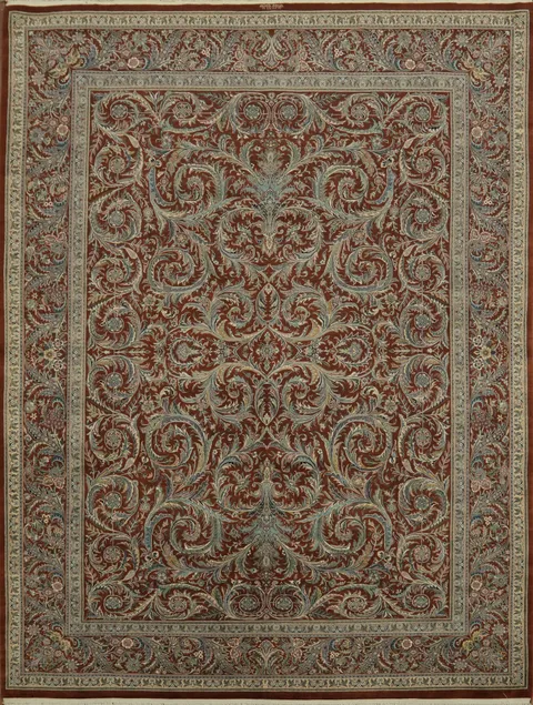 Luxurious Traditional Style Rust and Blue Rug Featuring Ornate Arabesque Details 9x12