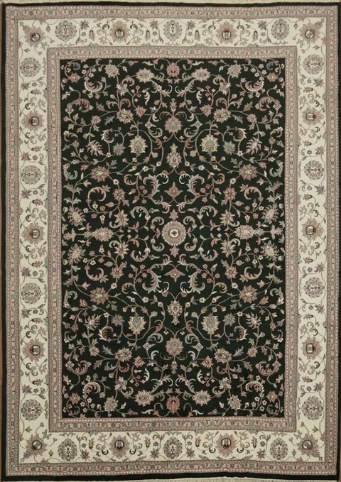 Luxurious Black and Ivory Rug with Classic Paisley Patterns and Borders 10x14