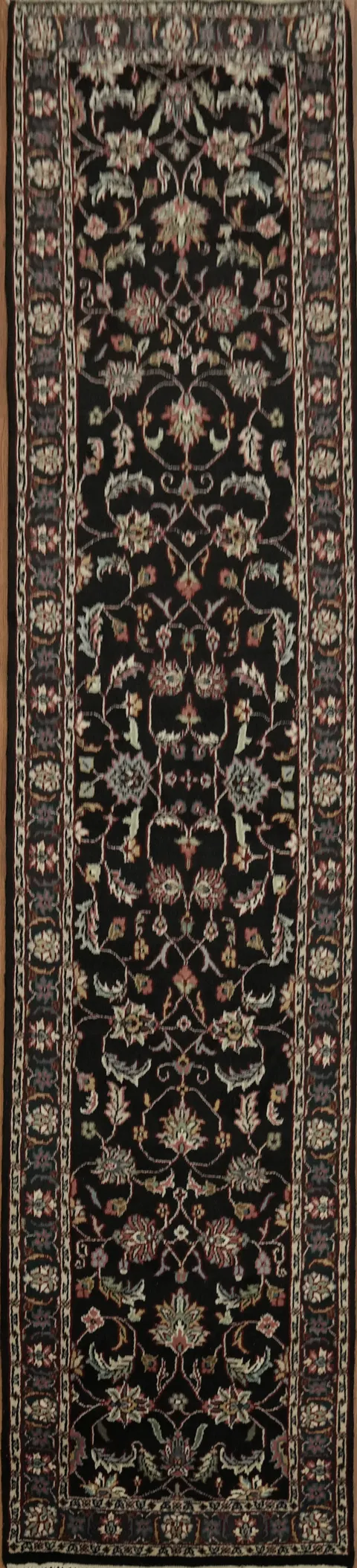 Ornate Black Floral Traditional Oriental Kashan Runner Rug 2x11