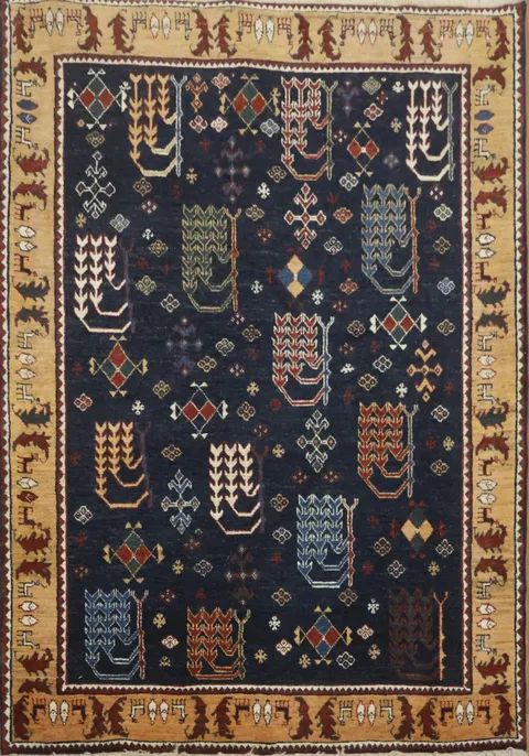Intricately Designed Vegetable-Dye Persian Gabbeh Area Rug 5x4