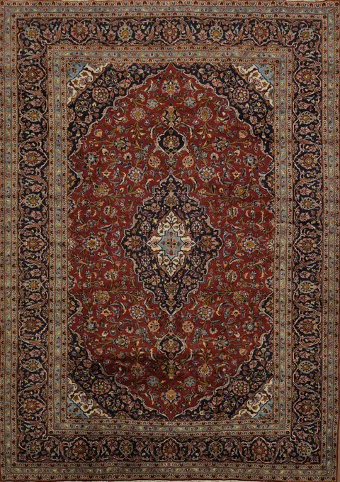 Traditional Red and Navy Blue Kashan Persian Area Rug 8'x11'
