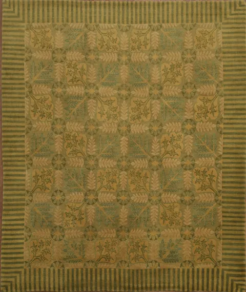 Elegant Green and Gold Leaf Patterned Modern Rug Design 8x10
