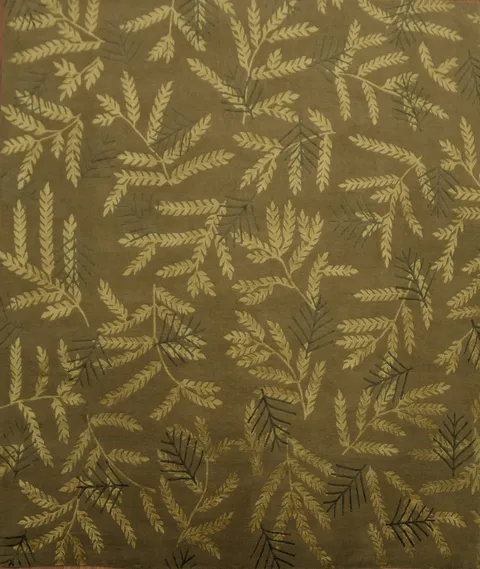 Modern Rustic Nepalese Rug with Stylish Leaf Pattern in Gold 8x10