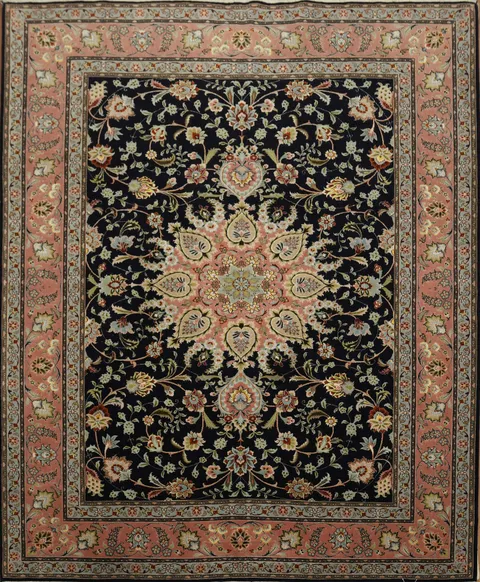 Luxurious Black Floral Tabriz Persian Area Rug 7x9