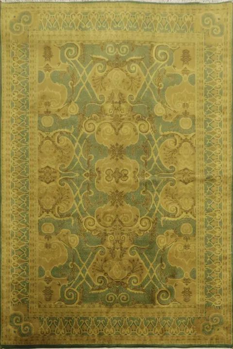 Intricate Artisan Carpet in Gold and Green Hues for Your Living Room