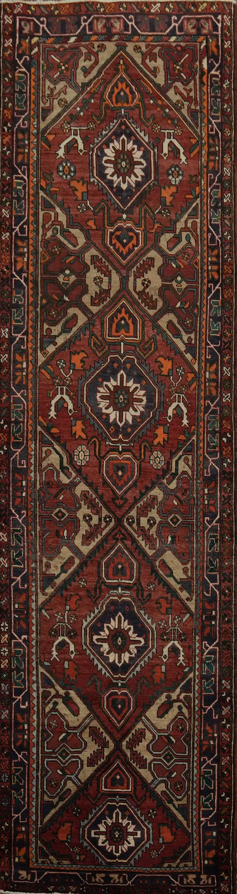 Vintage Red Wool Heriz Persian Runner Rug 4x14