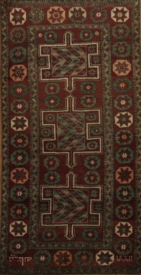 Vintage Geometric Persian Wool Qashqai Runner Rug  3x7