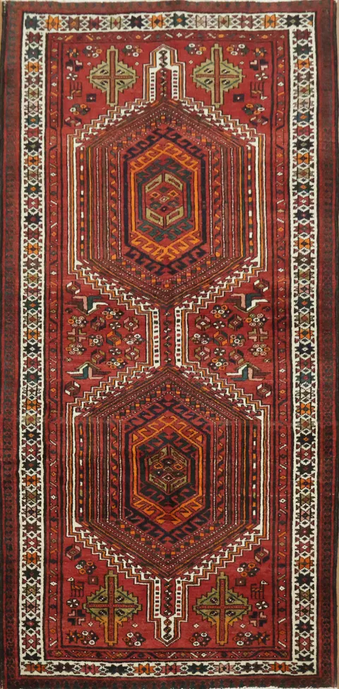 Vintage Persian Geometric Wool Ardebil Red Runner Rug 3x7