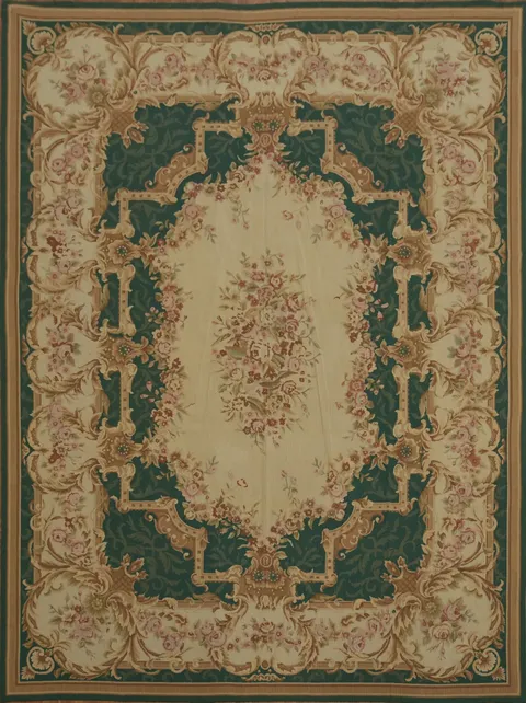 Sophisticated Beige and Green Aubusson Tapestries Area Rug 9x12