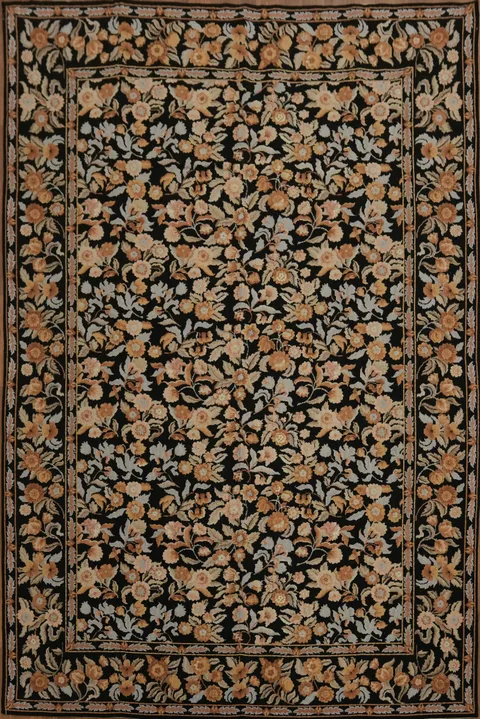 Black Aubusson Tapestry Rug with Delicate Floral Design and Pastel Accents 6x9