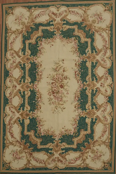 Green and Beige French Style Tapestry Aubusson Rug with Floral Medallions 6x9