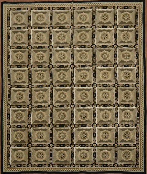Elegant Geometric Beige and Black Woven Aubusson-Tapestry Rug 12x15