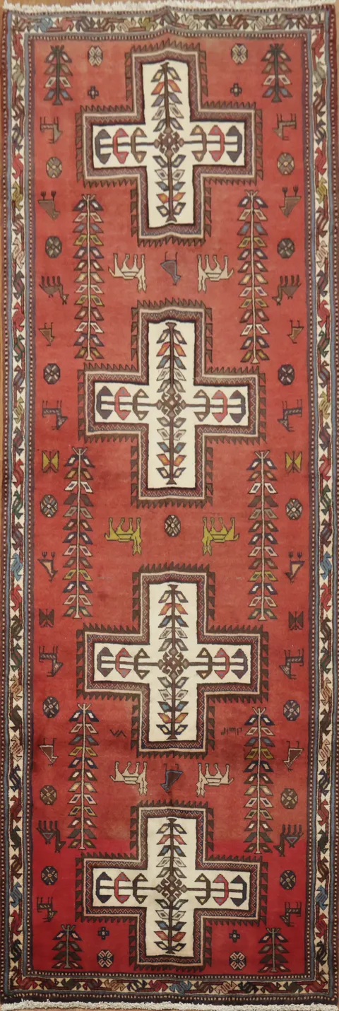 Geometric Tribal Red Shiraz Runner Rug Featu 3x10