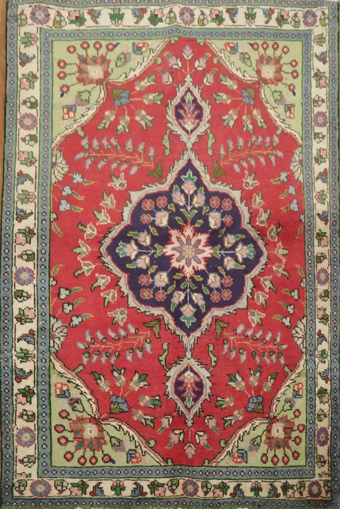Authentic Vintage Traditional Tabriz Red and Green Rug 3x5
