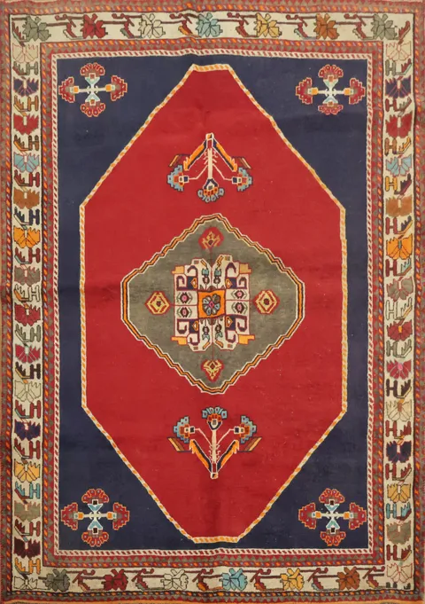 Vibrant Geometric Tribal Vegetable Dye Shiraz Persian Rug 5x7