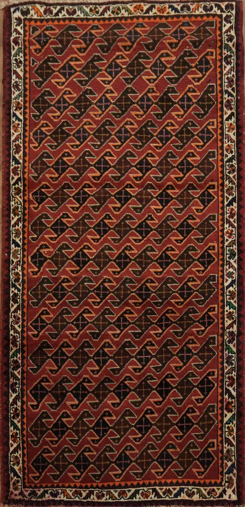 Elegant geometric Traditional Persian Lori Area Rug 3x6patterns in deep reds and earthy browns