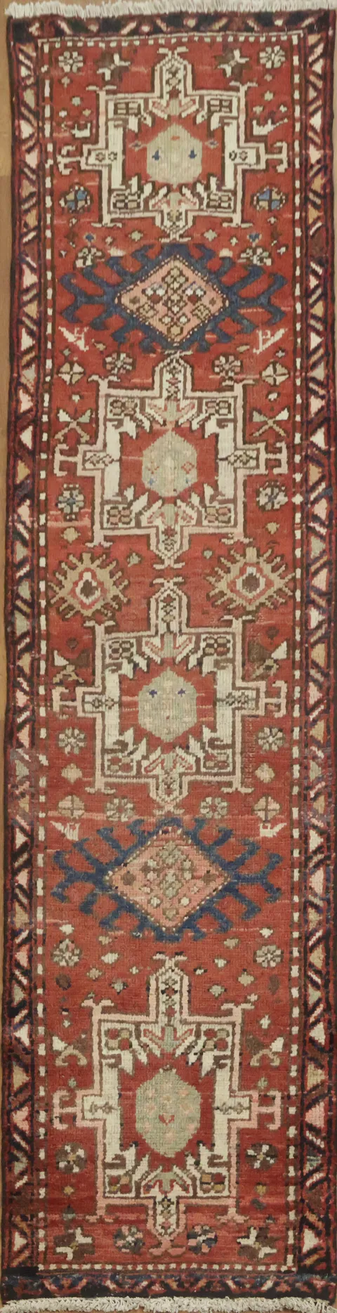 Old Semi Antique Geometric Gharajeh Persian Runner Rug 2x7