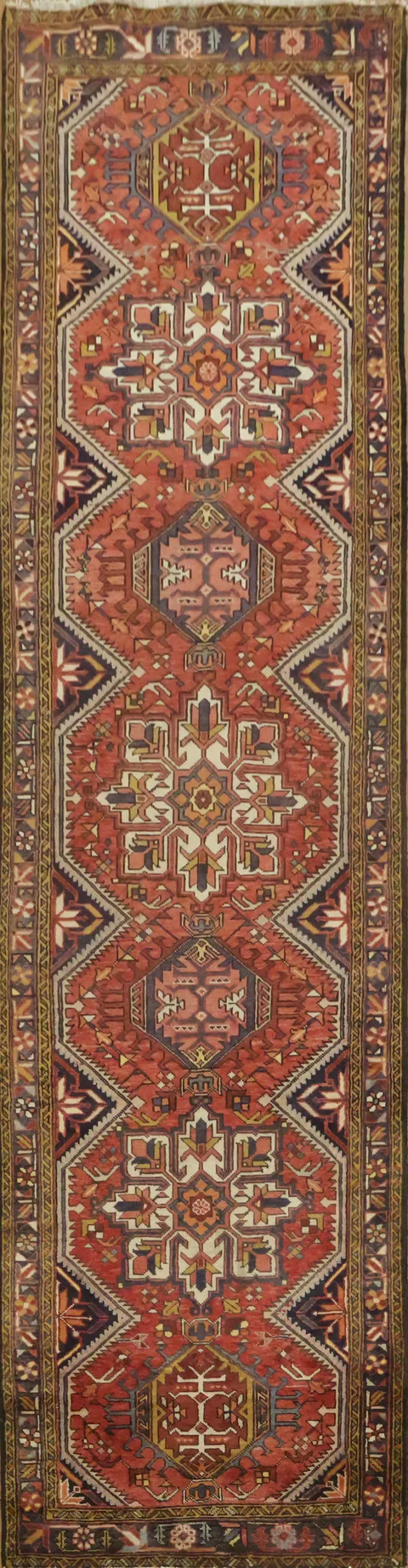 Authentic Wool Heriz Runner with Intricate Patterns and Warm Hues 4x13