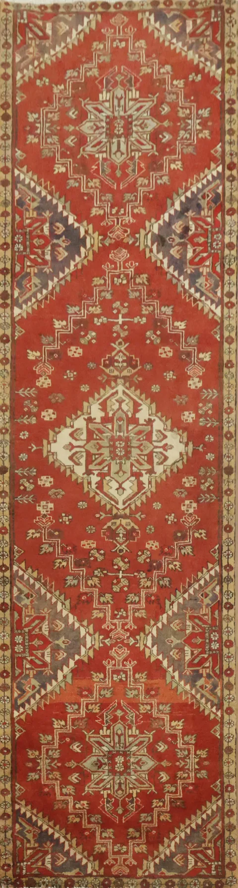 Vintage Red Heriz Persian Runner Rug 3x10
