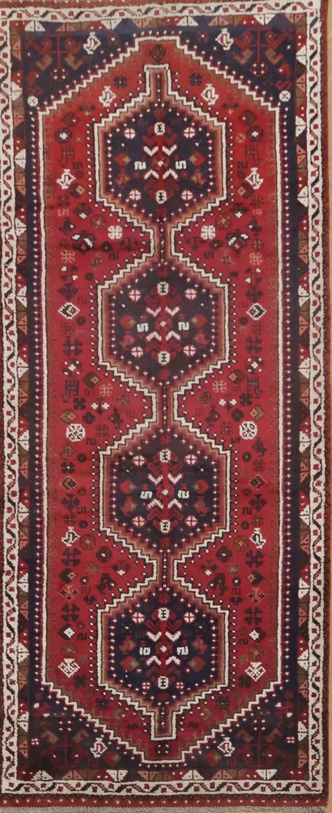 Intricate Geometric Red Qashqai Persian Runner Rug 4x9