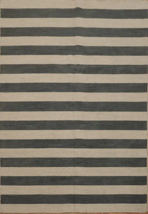 Modern Minimalist Navy and Beige Striped Area Rug 6x8