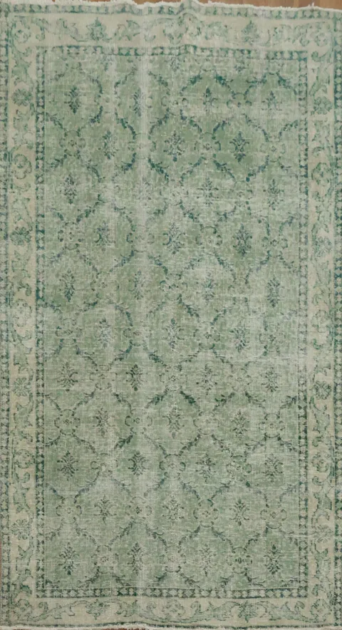 Elegant Green Floral Vintage Anatolian Turkish Rug 4x7
