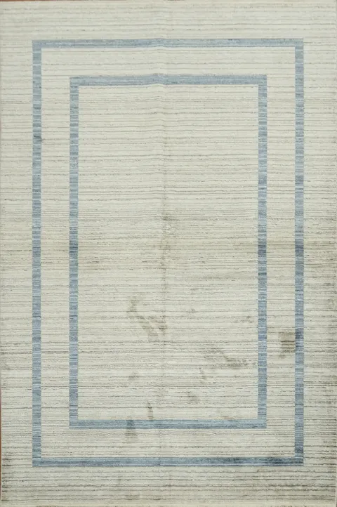 Simple White Rug Accented with Subtle Blue Lines 5x8