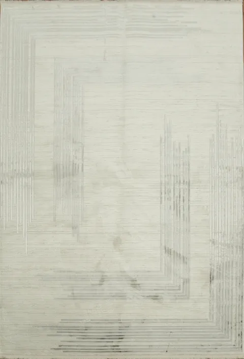 Minimalist Ivory and Gray Contemporary Rug with Geometric Pattern Details 5x8