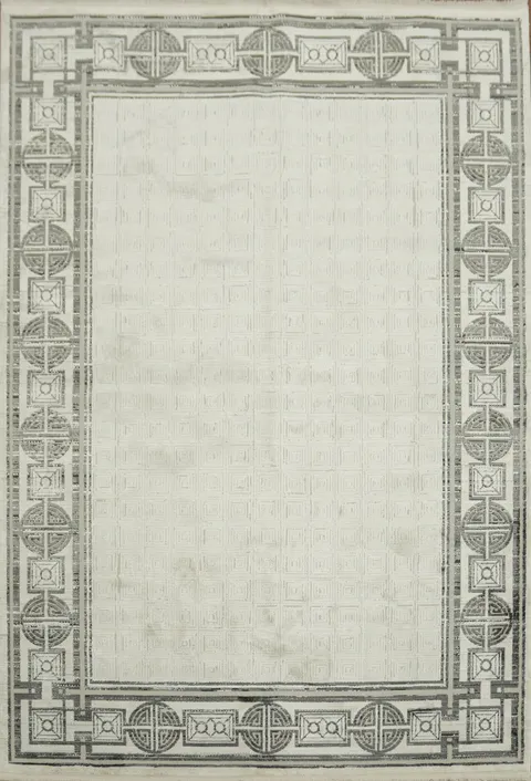 Versatile Neutral Ivory and Grey Rug with Detailed Edge Accents 5x8
